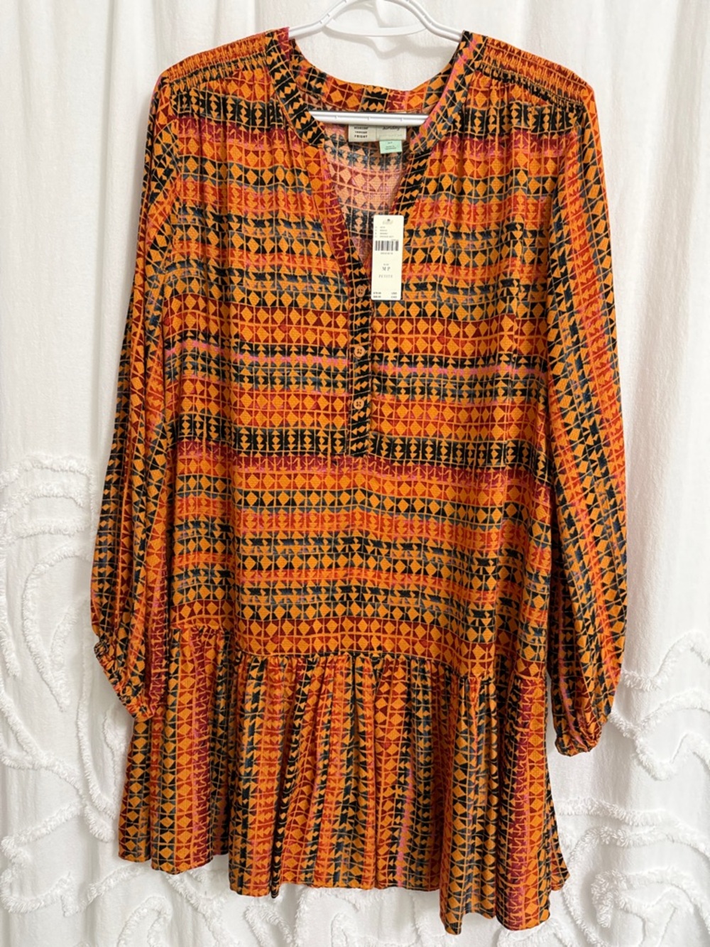 Women's Anthropologie Long-Sleeve Tiered Dress in Burnt Orange Geometric Print